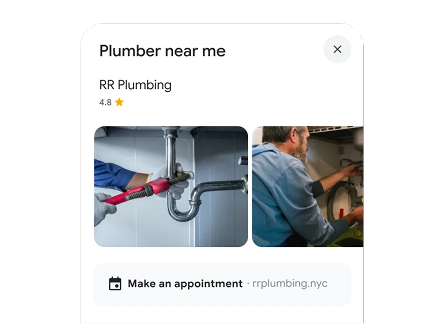Google search for plumber near me showing Business Profile with ratings and book button
